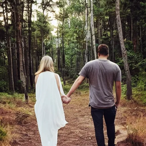 Prompt: A beautiful girl and her boyfriend walk into the sunset, holding hands, forest