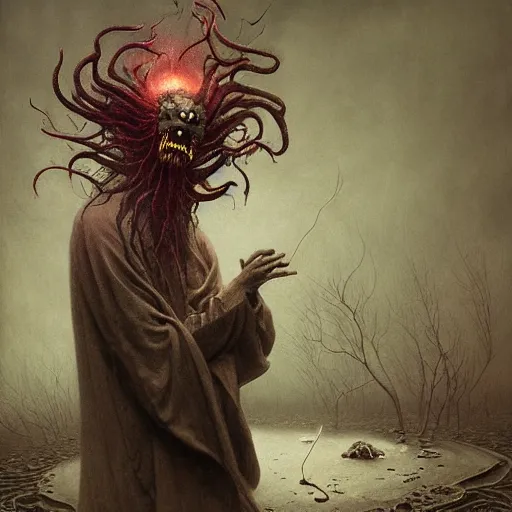 Prompt: Sinister manifestation of Insomnia Demon, ghoul, spirit ghost. Smoke, silk, teeth. by Zdzisław Beksiński, Dariusz Zawadzki, Mariusz Lewandowski, Tom Bagshaw, Aeron Alfrey, Bernie Wrightson, Daarken, Boris Groh, Tsutomu Nihei and Erik Johansson