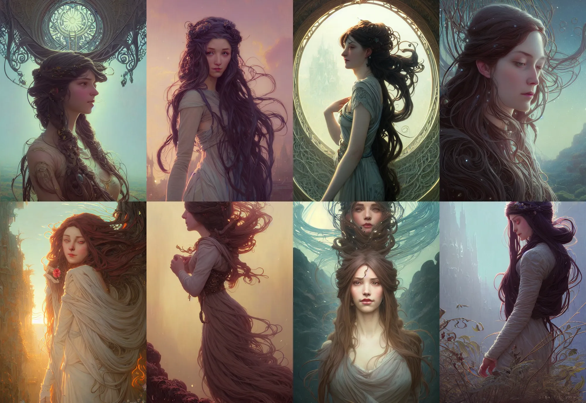 Image similar to highly detailed portrait of a woman with long hairs, stephen bliss, unreal engine, fantasy art by greg rutkowski, art nouveau, loish, rhads, ferdinand knab, makoto shinkai and lois van baarle, ilya kuvshinov, rossdraws, tom bagshaw, alphonse mucha, global illumination, radiant light, detailed and intricate environment