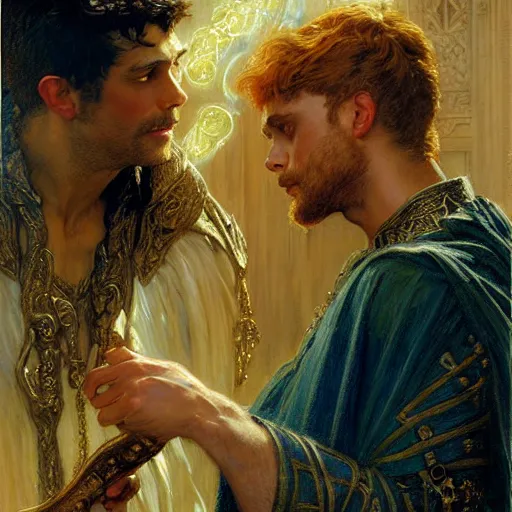 Image similar to attractive arthur pendragon in love with attractive male merlin the mage. highly detailed painting by gaston bussiere, craig mullins, j. c. leyendecker