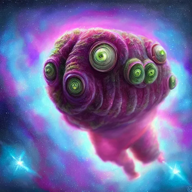 Image similar to a highly detailed tardigrade, it has rainbow hair and a beautiful unconventional face, floating through deep space, elegant, hyperrealistic, digital painting, artstation, realism, concept art, pop, smooth, mythological, sharp focus, qualia, illustration, art by mark ryden 3 d 8 k ultra detailed