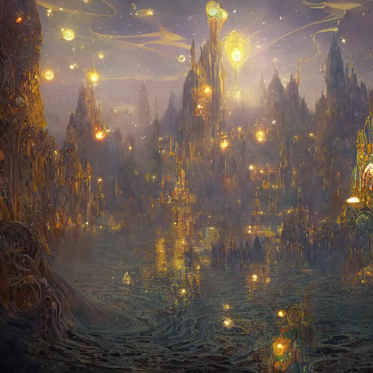 Image similar to a beautiful painting of the towers, domes, and pinnacles of the city of atlantis, underwater with glowing lights, fish and jellyfish, with the night sky with stars above, intricate, elegant, highly detailed, digital painting, artstation, concept art, by krenz cushart and artem demura and alphonse mucha