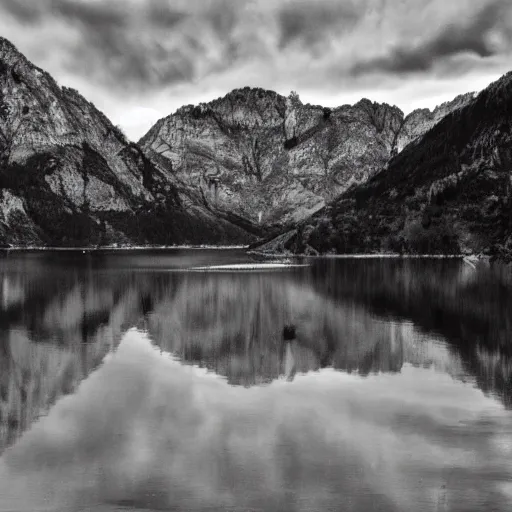 Image similar to lago di sorapis, hyper - realistic black and white drawing, hyper detailed, extreme long shot, in the style of den yakovelv