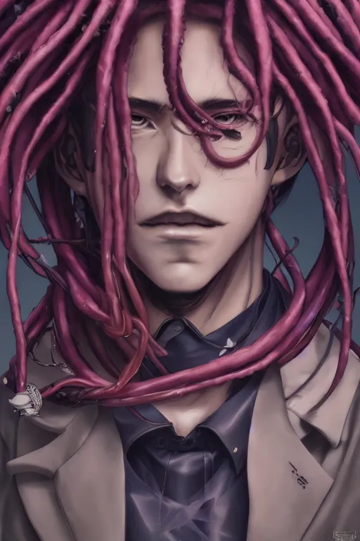 Image similar to portrait of an anime manga guy with snake dreads, straight on, by artgerm, james jean, tom bagshaw, gerald brom, vaporwave colors, lofi colors, vaporwave, lofi, goth vibe, 4 k, smooth, hd, substance designer render, full body character concept art, symmetrical, 2 point lighting,