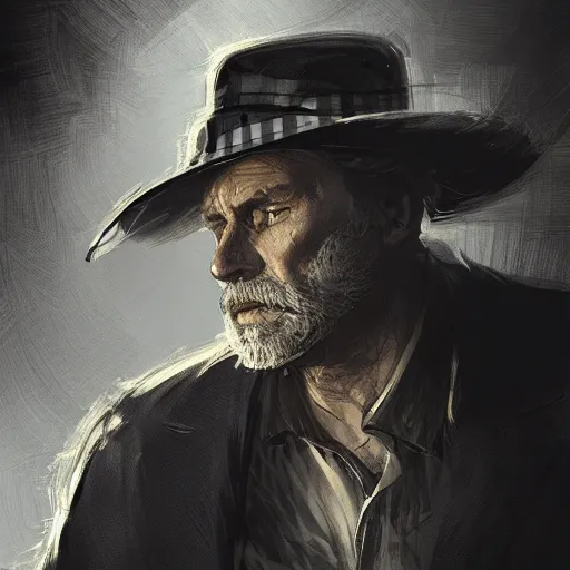 Image similar to portrait of a 55 year old man with short gray hair and a round gray beard, wearing a checkered shirt and a wide brimmed hat, dramatic lighting, illustration by Greg rutkowski, yoji shinkawa, 4k, digital art, concept art, trending on artstation