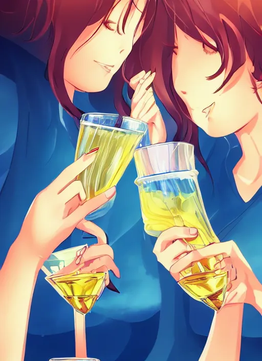 Prompt: two beautiful mothers drinking on a hot summer evening, gorgeous faces, thick lines, cinematic lighting, detailed anime art