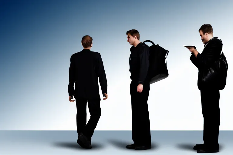 Image similar to tall, broad shouldered, security guard checks the bags of a worried looking couple, man and woman, digital art