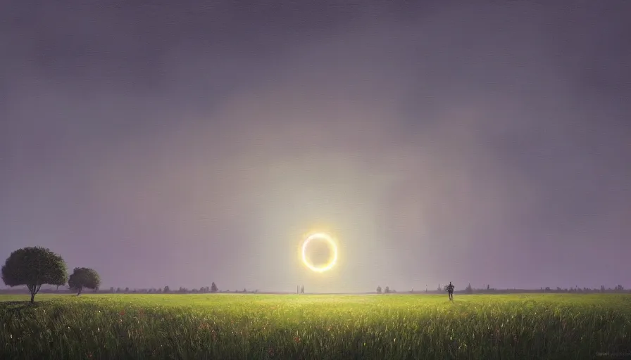 Image similar to solar eclipse, open field, one tree, simon stalenhag