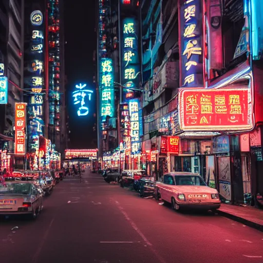 Prompt: timelapse of a tapei street, headlights, neon signs, Canon A1