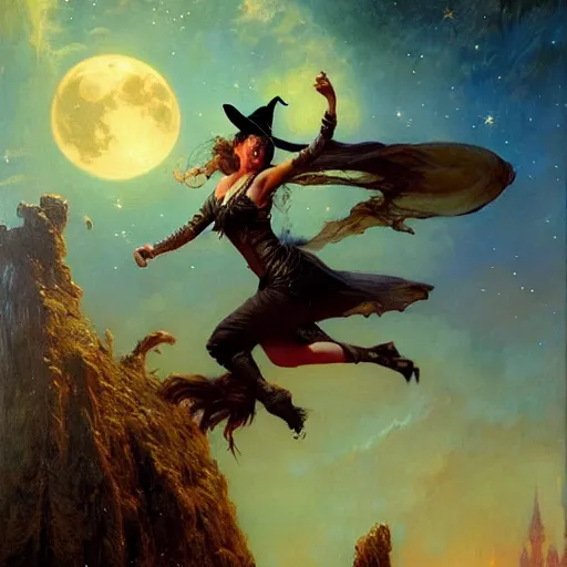 Image similar to witch flying, trough the night, fantasy, full moon in background. highly detailed painting by gaston bussiere, craig mullins, j. c. leyendecker 8 k