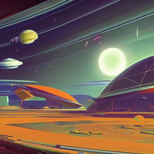 Image similar to a spaceport in no man's sky styles : cloisonnism, syd mead, moebius