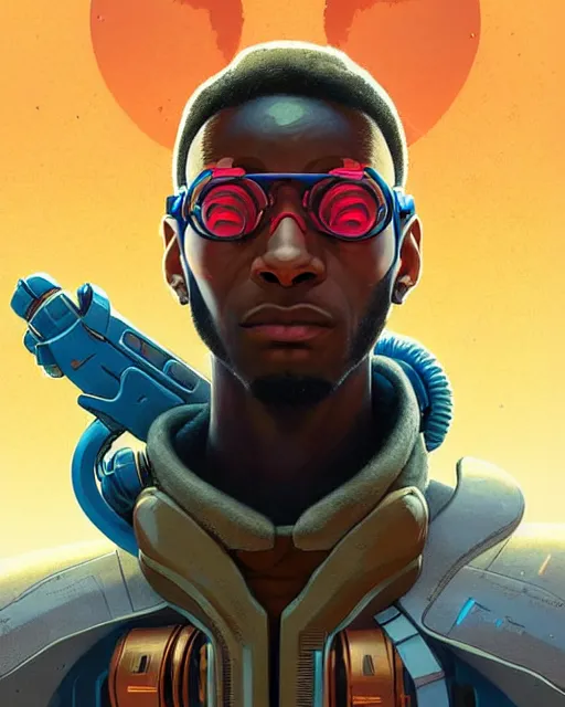 Image similar to baptiste from overwatch, character portrait, portrait, close up, concept art, intricate details, highly detailed, vintage sci - fi poster, retro future, in the style of chris foss, rodger dean, moebius, michael whelan, and gustave dore