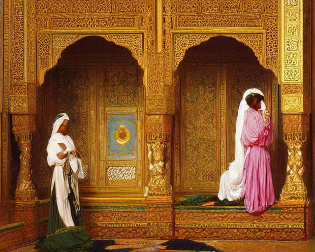 Image similar to a beautiful, detailed oil painting in the orientalist style, of the ornate chambers of an oriental arabian princess, with screens and silks, by frederic leighton