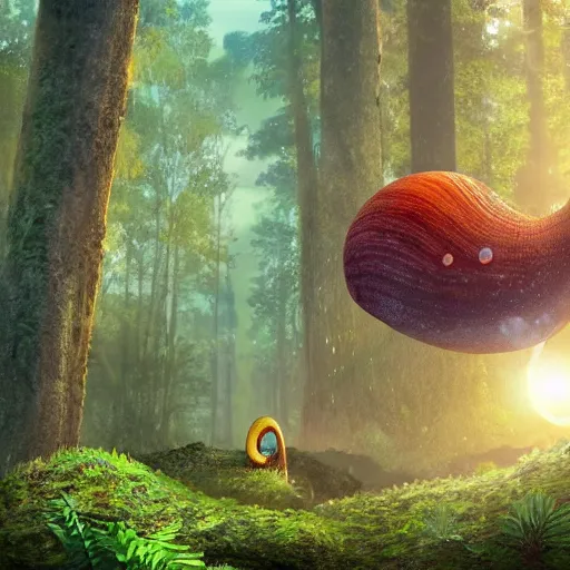 Image similar to A giant snail on an exoplanet whose house is made of ruby crystals, high quality fine details hyper realistic photorealistic, a forest of giant trees in the background