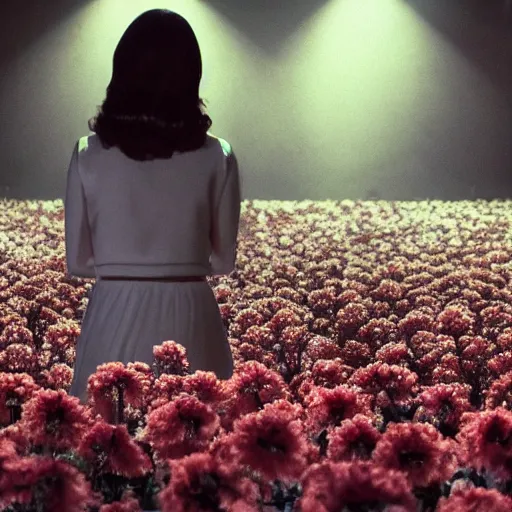 Prompt: movie still of the girl with the flowers head, cinematic composition, cinematic light, dream effect, dream atmosphere, by edgar wright and david lynch,