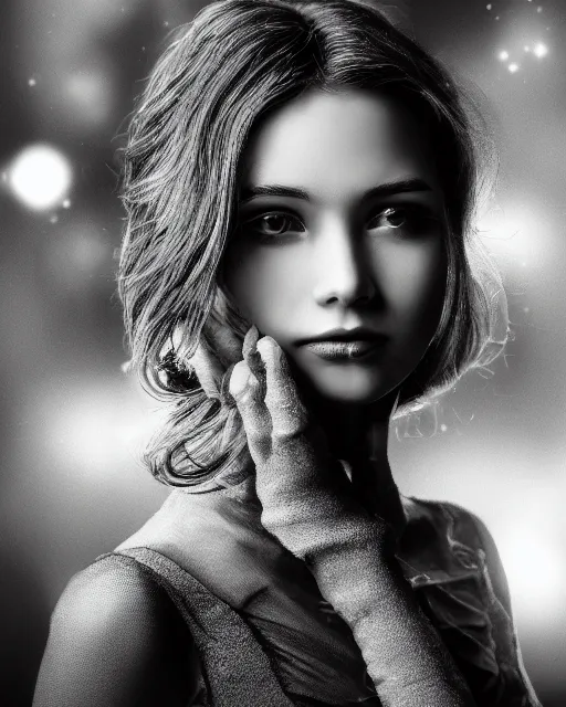 Image similar to black and white dreamy young beautiful female artificial intelligence, metropolis, cinematic, rim light, bokeh, photo - realistic, elegant, high detail, 8 k, masterpiece, photo taken in 1 9 3 0