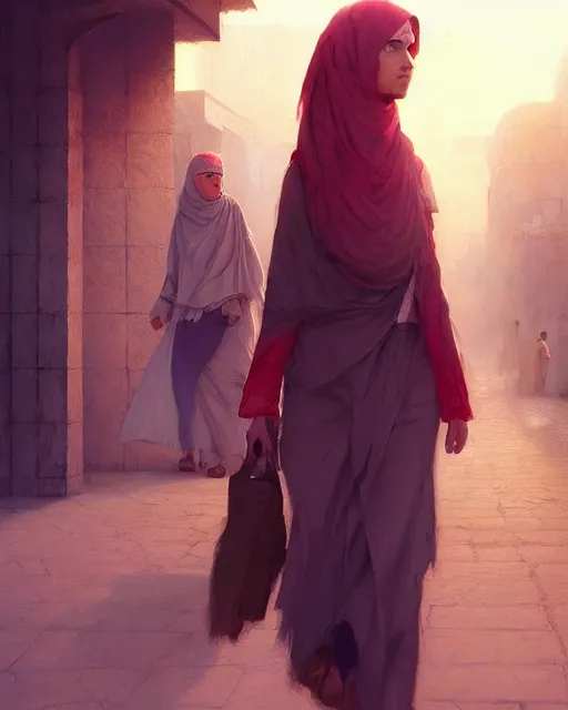 Image similar to beautiful bedouin walking to mosque, detailed portrait, cell shaded, 4 k, vivid colours, concept art by wlop, ilya kuvshinov, artgerm, krenz cushart, greg rutkowski, pixiv. cinematic dramatic atmosphere, sharp focus, volumetric lighting, cinematic lighting, studio quality