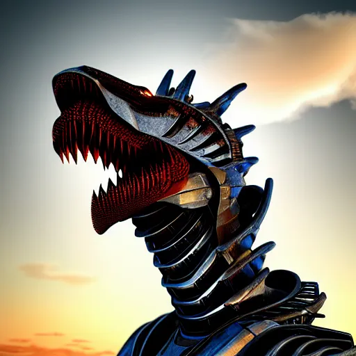 Image similar to close up bust shot, realistic detailed stunning beautiful armored anthropomorphic humanoid female robot dragon, looking to the side, sleek streamlined armor and design made of steel, sharp claws and sharp teeth, Slick LEDs, standing on two legs, on the beach during sunset, high quality, cinematic art, sunset lighting, artstation, deviantart, furaffinity