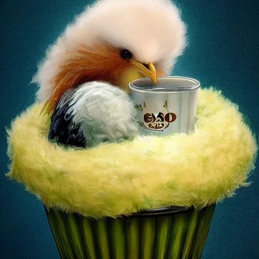 Image similar to long shot of a very fluffy beer chick nesting in a floral cup, esao andrews, by m. w. kaluta, humorous illustration, hyperrealistic, tilt shift, warm colors, night scenery, low light, 3 d octane render, 4 k, volumetric lights, smooth, cosy atmosphere, conceptart, hyperdetailed, trending on deviantart