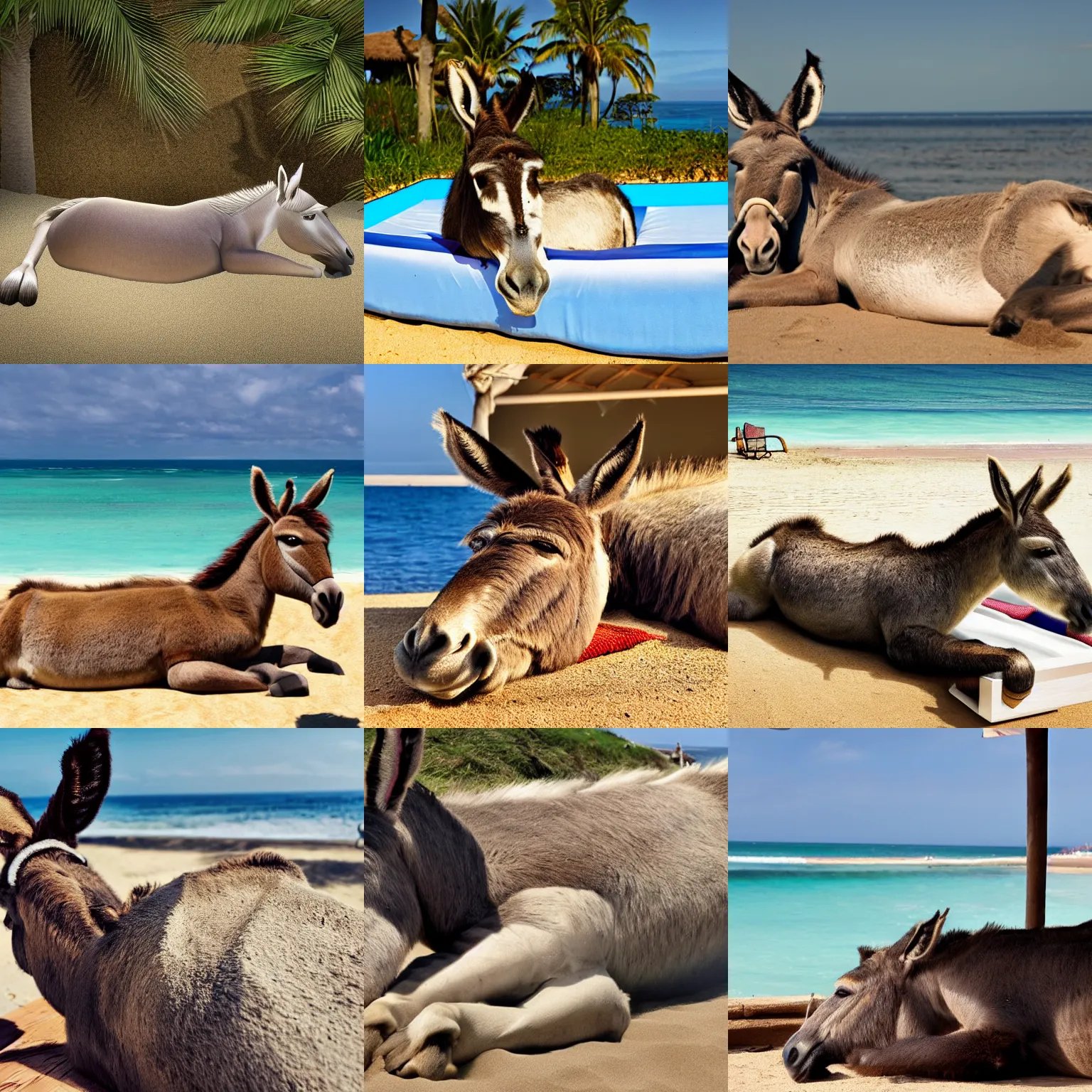 Image similar to A donkey lying on a sunbed near the beach, photorealistic