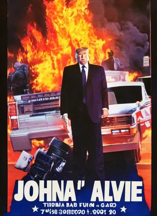 Image similar to an 8 0's john alvin action movie poster of donald trump starring in dumpster fire. explosions.