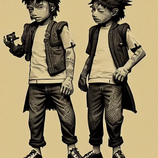 Image similar to rpg character concept art, twin brothers being cute and gangsta, intricate detail, in the style of jamie hewlett kawase hasui riyoko ikeda, 3 d render, artstation trending, 8 k, octane render, photorealistic, sharp detail, manga, black and white