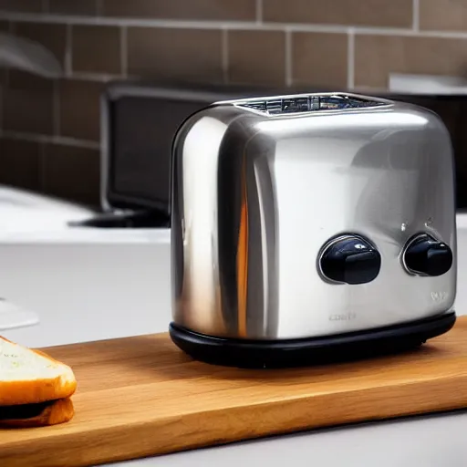 Image similar to a studio product photo of a streamline futuristic toaster