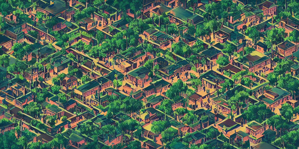 Prompt: cinematic high contrast graphic illustration of a hyper detailed village in the treetops