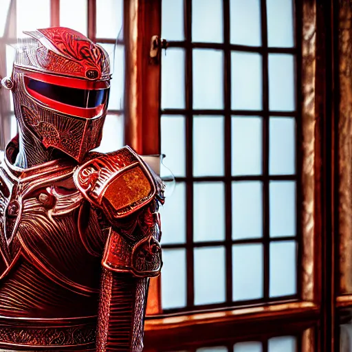 Image similar to evil knight, glowing halo, fantasy paladin, intricate red legendary armor, located in a castle, morning sunlight through the window, decorated, high quality, highly detailed, 4 k