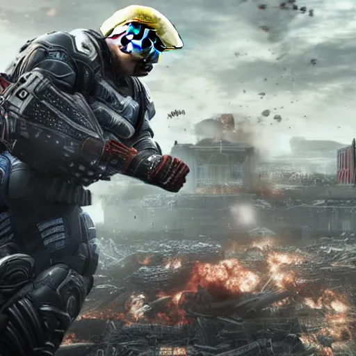 Prompt: Donald Trump as ((captain america)) in Gears of War, patriotic, splash art, movie still, cinematic lighting, dramatic, octane render, long lens, shallow depth of field, bokeh, anamorphic lens flare, 8k, hyper detailed, 35mm film grain