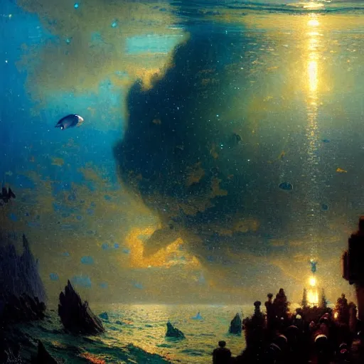 Image similar to point of view of deep in the ocean looking up, you see fishes, higher up you see the milk way, night time. highly detailed painting by gaston bussiere, greg rutkowski 8 k