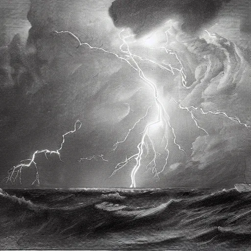 Image similar to drawing of pepe the frogs sailing through a lightning storm above a stormy ocean, by gustave dore, nineteenth century, black and white, vintage, science fiction, epic composition, dramatic lighting, highly detailed, cinematic horror, sci fi