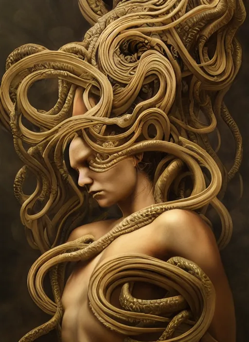 Prompt: medusa, wooden art nouveau swirls, strong subsurface scattering, cables, tubes, subsurface scattering, in the style of ruan jia and tomasz alen kopera and giger, subsurface scattering, mystical colors, rim light, dramatic lighting, 8 k, stunning scene, raytracing, octane render, trending on artstation