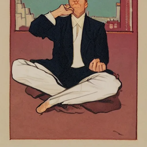 Prompt: man in meditating in new york city view, leyendecker style