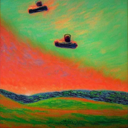 Prompt: a painting of three small people flying over rolling green hills, far away, inspiring, beautiful, brightly colored, paranormal, in the style of Monet, red and green color scheme, Kanye West Donda Album Cover