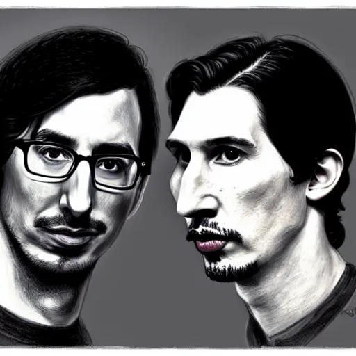 Image similar to a portrait of john oliver standing next to adam driver, stoic, military uniform, fantasy, intricate, elegant, beautiful, highly detailed, charcoal, centered, dark, smokey, digital painting, artstation, concept art, smooth, sharp focus, illustration, art by samma van klaarbergen - h 7 0 4