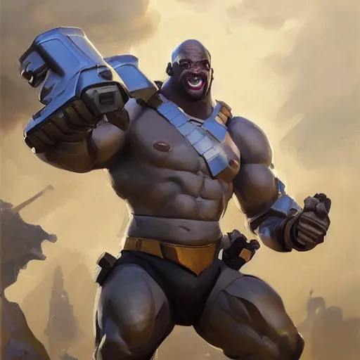 Image similar to greg manchess portrait painting of fully armored the foundation aka dwayne the rock from fortnite as overwatch character, medium shot, asymmetrical, profile picture, organic painting, sunny day, matte painting, bold shapes, hard edges, street art, trending on artstation, by huang guangjian, gil elvgren, ruan jia, greg rutkowski, gaston bussiere