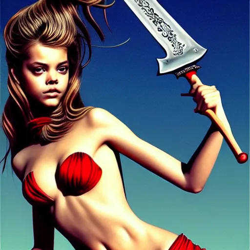 Image similar to barbara palvin supermodel posing as an amazon holding a sword, volcanic background, art by peter lloyd, 1 9 8 0's art, retro art, airbrush style, art by hajime sorayama,, intricate, elegant, sharp focus, illustration, highly detailed, concept art, matte, sharp focus, art by peter palombi, charles e. white