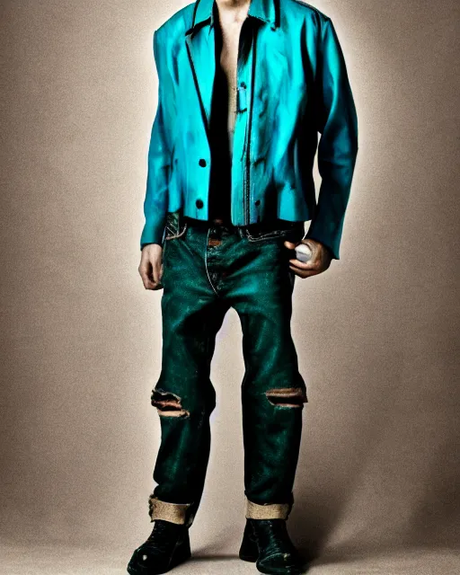 Prompt: an award - winning photo of an ancient male model wearing a plain cropped baggy teal distressed medieval designer menswear aviator jacket designed by alexander mcqueen, 4 k, studio lighting, wide angle lens, 2 0 0 4