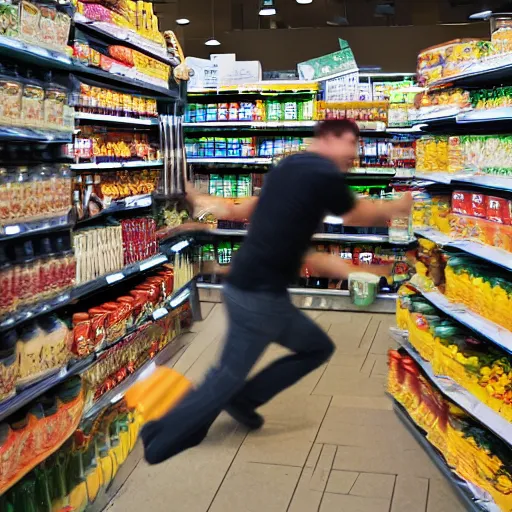 Prompt: 85mm photo of wolverine grocery shopping with claws out, dslr photography