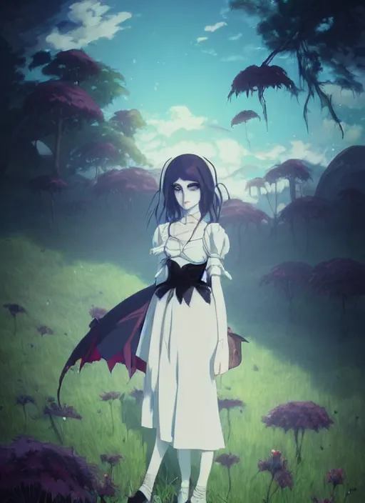 Image similar to portrait of gothic alice from wonderland, cloudy sky background lush landscape illustration concept art anime key visual trending pixiv fanbox by wlop and greg rutkowski and makoto shinkai and studio ghibli