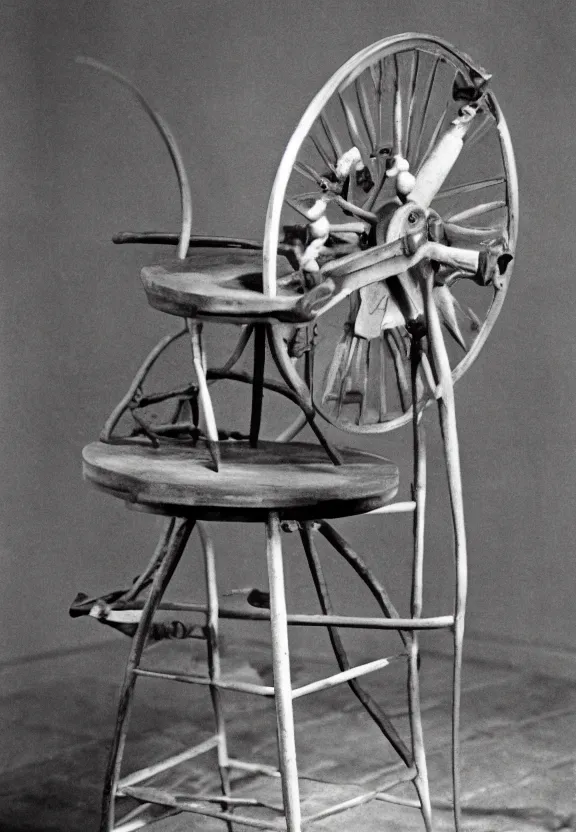 Prompt: a spinning wheel sitting on top of a stool, a surrealist sculpture by marcel duchamp, archival pigment print, 1 9 1 4, conceptual art, artwork, academic art, surrealist