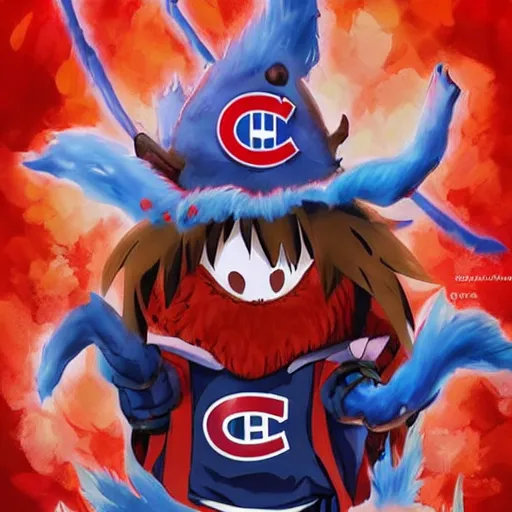 Image similar to scary anime Portrait of horrific Youppi the Habs Montreal Canadiens Mascot as a very dead powerful and violent pokemon, highly detailed anime, high evolution, 1990s, haunted shiny legendary, darkness, smooth, sharp focus, dynamic lighting, intricate, trending on ArtStation, stuff of nightmares, illustration pokemon, art by WLOP
