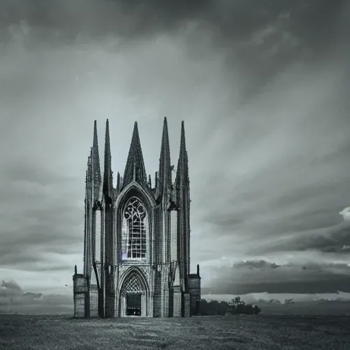 Prompt: a massive cathedral on the horizon blocking out the sun. dream like, overcast sky, surreal.