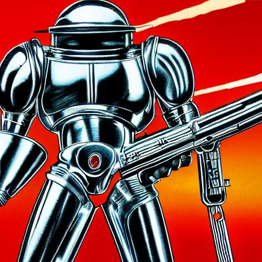 Image similar to 1 9 8 0's heavy metal album art, a shiny reflective detailed chrome android firing a giant rifle - style blaster rifle designed by ridley scott inside an alien spaceship