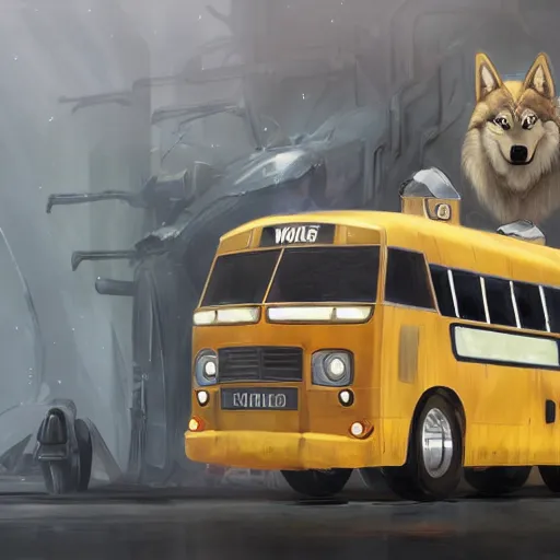 Image similar to Transformer hybrid of bus and wolf, having cabin if form of wolf head with big yellow eyes looking at us and long body of bus with wheels and windows, mechanical form of life, oil on canvas, fantasy, magic, illusion, digital painting, concept art, smooth, sharp focus, illustration, artstation trending, octane render, unreal engine, Ghibli, anime style, cyberpunk