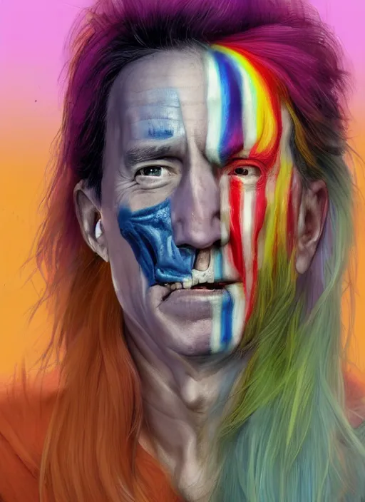 Prompt: Joe Biden as a transgender woman, maniac look, rainbow hair, ugly, gross, realistic, beta male, accurately portrayed, portrait art by Hieronymus Bosch and greg rutkowski, highly detailed, digital painting, concept art, illustration, transgender flag displayed, trending on artstation, very detailed, smooth, sharp focus, octane render, close up