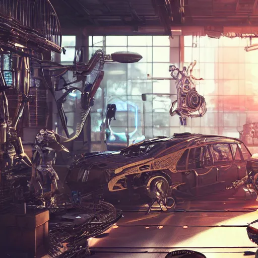 Prompt: he inside of a futuristic mechanic workshop, highly detailed interior, scrap metal on workbenches, half - finished robot, mechanical bugs in a display case, holographic screen in center frame, trending on artstation, cryengine render, 8 k