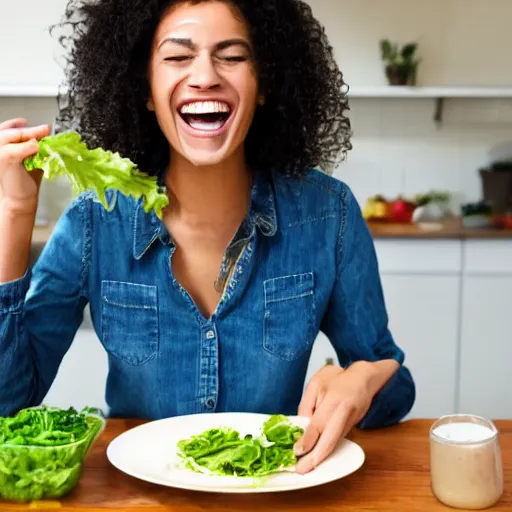 Prompt: Stock photo of woman eating salad and laughing