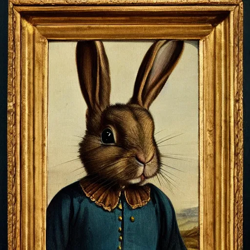 Image similar to a rabbit wearing a crown dressed as a queen, 18th century oil painting